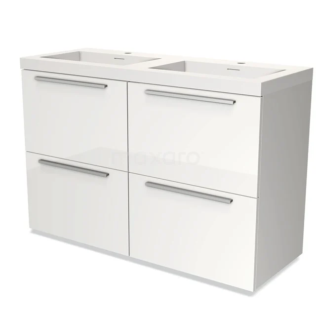 Wit badkamermeubel met dubbele wastafel, vier lades en strakke handgrepen, ideaal voor moderne badkamers.
