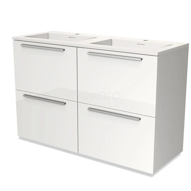 White bathroom unit with double basin, four drawers, sleek silver handles and modern bathroom design.