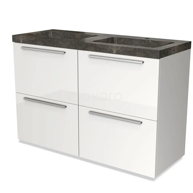 Wit badkamermeubel met dubbele wastafel, marmeren blad en strakke metalen grepen, modern design.