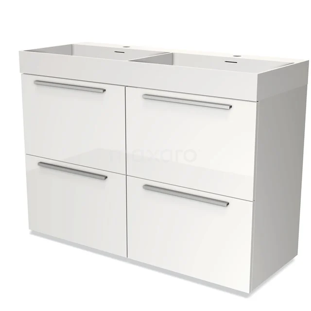 Witte dubbele badkamerkast met vier lades, modern design en geïntegreerde wastafel, ideaal voor stijlvolle badkameropslag.