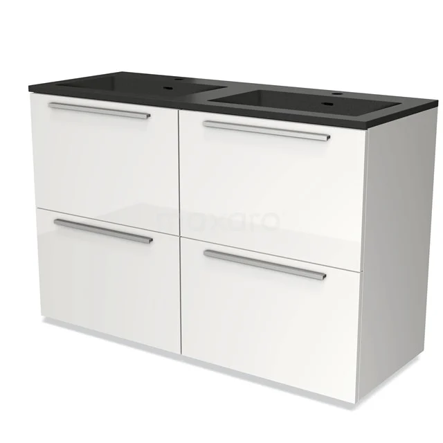 Modulo Bathroom furniture with sink | 120 cm High-gloss white Flat front Quartz 4 high drawers BMW14-00094 White bathroom unit with black vanity units with basin, four drawers and Stainless steel handles, modern style, ideal for bathroom storage.