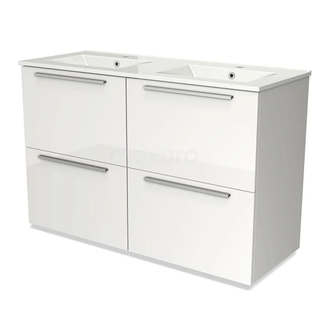 Dubbele witte badkamermeubelset met geïntegreerde wastafels, moderne chroomgrepen en 4 ruime lades van de Elegance-serie.