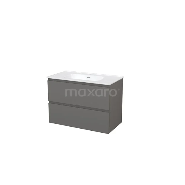 Modulo+ Bathroom furniture with sink | 90 cm Basalt Handle-less front Ceramic 2 Stacked drawers BMP002981 Grey bathroom unit with two drawers, modern design, including white basin, ideal for stylish bathroom storage.