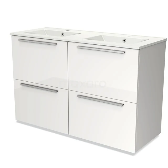 Wit dubbel badkamermeubel met softclose laden, strakke chromen handgrepen en keramische wastafel in moderne stijl.