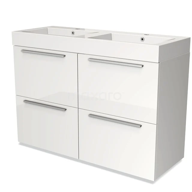 Badmöbel 120cm Modulo Hochglanz Weiß 4 hohe Schubladen Flaches Waschbecken Mineralguss BMW14-00097 Weißes Doppelwaschbeckenmöbel mit vier Soft-Close-Schubladen, modernes Design, ideal für ein stilvolles und funktionales Badezimmer.