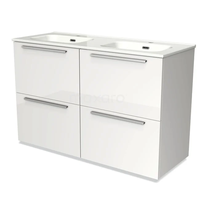 Wit dubbel wastafelmeubel met greeploze lades, moderne afwerking en keramische wasbakken, perfect voor elke badkamerstijl.