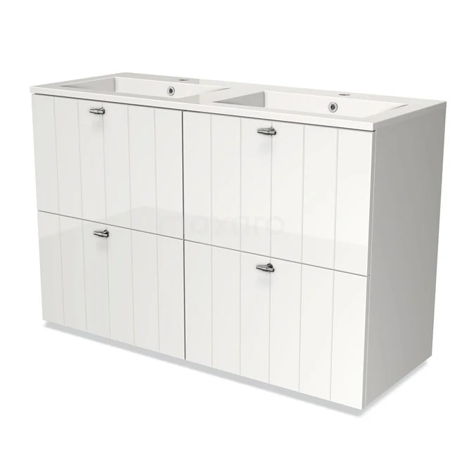 White bathroom unit with double basin, vertical grooves and four handleless drawers, ideal for modern bathroom storage.