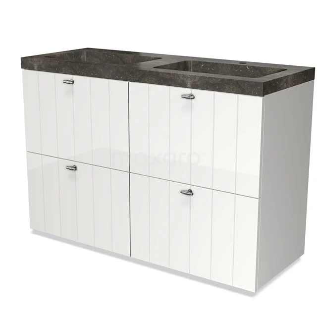 White bathroom unit with four drawers, black marble basin worktop and integrated sink. Elegant and modern look.