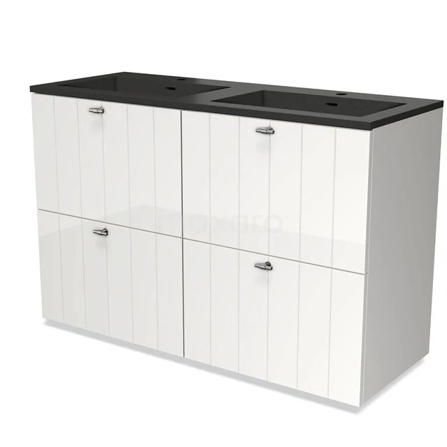 Modulo Vanity units with basin | 120 cm High-gloss white Slat front Quartz 4 high drawers BMW14-00108 White bathroom unit with double basin, black top, panels with vertical lines and four drawers for practical storage space.