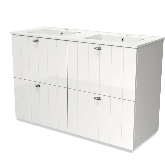 White bathroom unit with double basin and four drawers, featuring vertical wooden panels for a stylish bathroom.