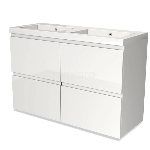 Dubbele witte badkamermeubelset met glanzende lades en keramische wastafel, modern design en strak afgewerkt.