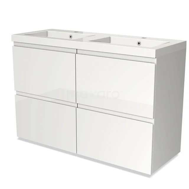 Weißes Doppel-Waschtischmöbel mit vier grifflosen Schubladen, schlankes Design, ideal für ein modernes Badezimmer.