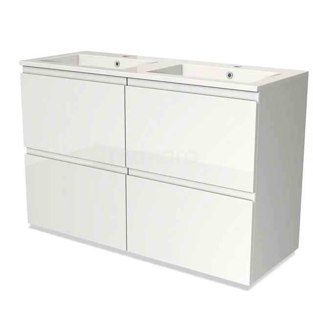 Hochglanz-Badmöbel 120cm Modulo Hochglanz Weiß 4 hohe Schubladen Griffloses Waschbecken Mineralguss BMW14-00116 Weißes hängendes Badezimmermöbel mit Doppelwaschbecken, vier grifflose Schubladen und glänzender Oberfläche für moderne Bäder.