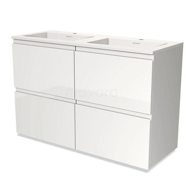 Wit badkamermeubel met dubbele wastafel, strak design, voorzien van vier lades, ideaal voor moderne badkamerinrichting.