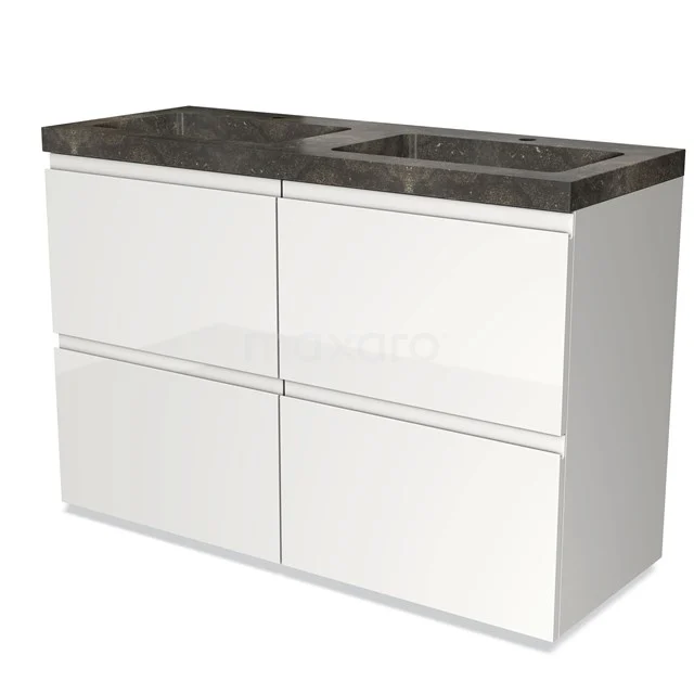 Wit badkamermeubel met vier lades en een zwart marmeren wastafelblad, stijlvol en modern design.