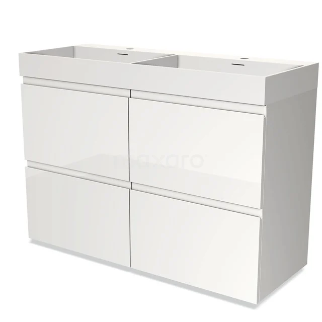 Wit glanzend badkamermeubel met dubbele wastafel, strak design en greeploze lades voor moderne badkamerinrichting.
