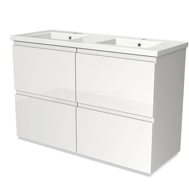 Weißes Badezimmermöbel mit Doppelwaschbecken, moderne Ausstrahlung, Soft-Close Schubladen, ideal für Badezimmerlagerung.