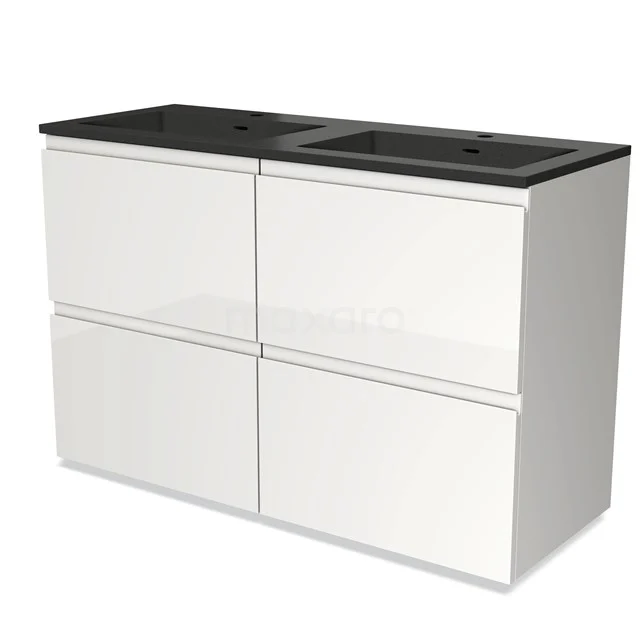 Modulo Bathroom furniture with sink | 120 cm High-gloss white Handle-less front Quartz 4 high drawers BMW14-00122 White bathroom unit with vanity units with basin in black, sleek and modern design, perfect for stylish bathrooms.