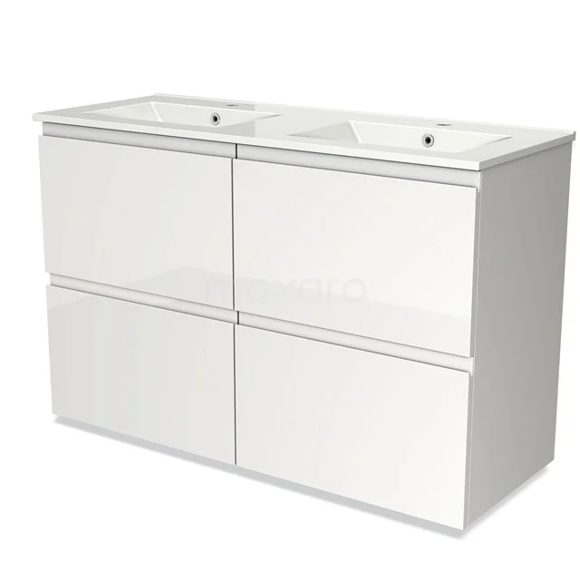 Wit dubbel wastafelmeubel met moderne uitstraling, vier lades en een strak ontwerp voor een stijlvolle badkamer inrichting.