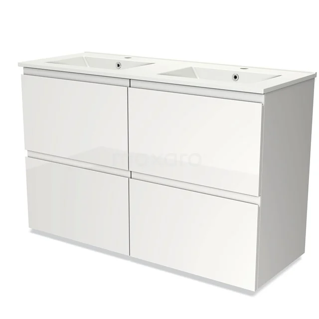 White bathroom unit with double basin, sleek square shape, glossy finish and modern storage drawers.