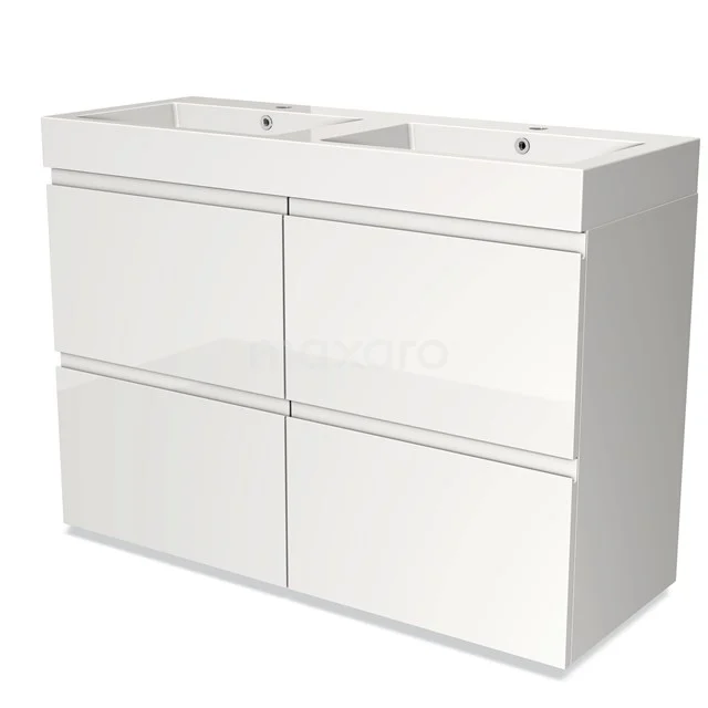 Dubbele witte badkamermeubelset met vier lades, hoogglans afwerking en twee geïntegreerde wastafels, modern en strak design.