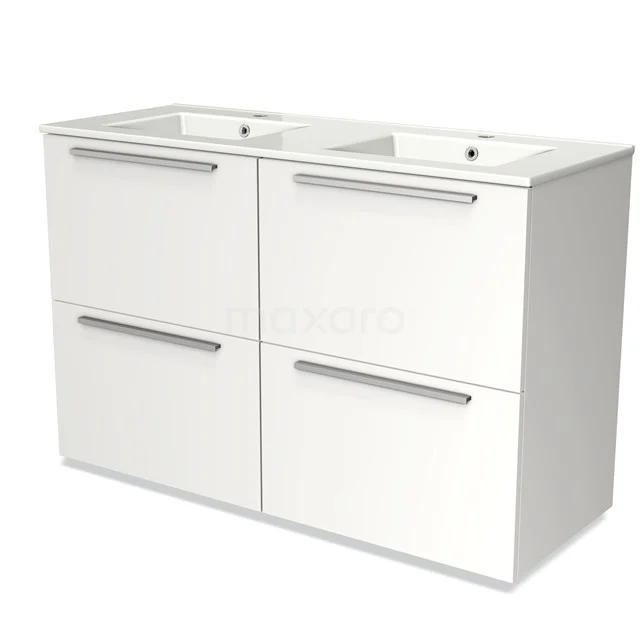 Weißes Badezimmermöbel mit Doppelwaschbecken, modernes Design und vier Schubladen, ideal für Badezimmerlagerung.