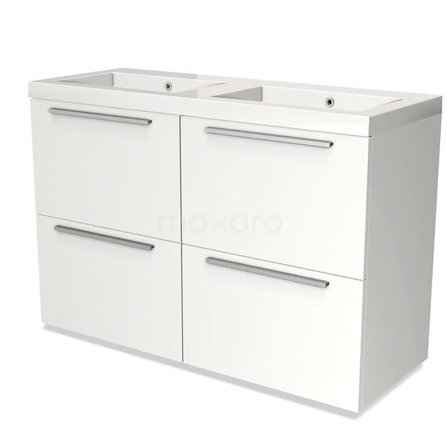 Wit dubbel wastafelmeubel met moderne lades, strakke handgrepen en keramische waskommen, ideaal voor een stijlvolle badkamer.