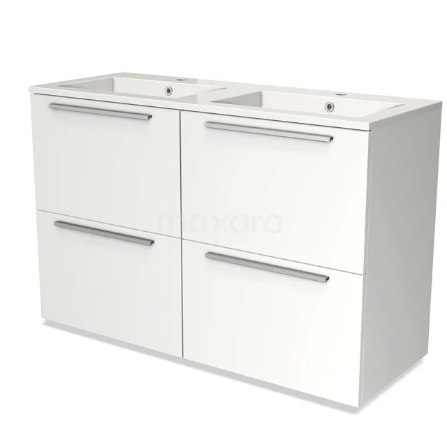 Wit badkamermeubel met dubbele wastafel, vier greeploze lades en strak design, ideaal voor modern ingerichte badkamers.