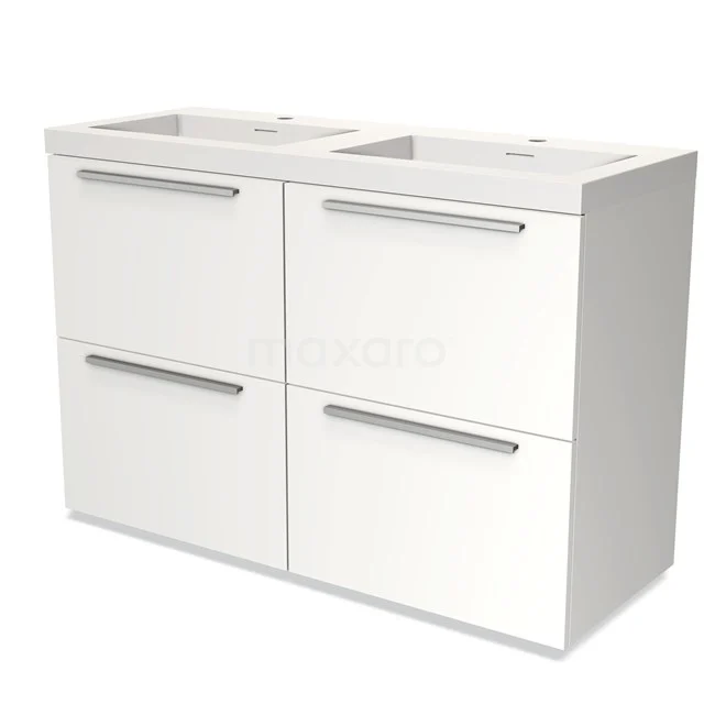 Wit dubbel wastafelmeubel met vier lades en RVS-grepen, strak design, perfect voor de moderne badkamer.