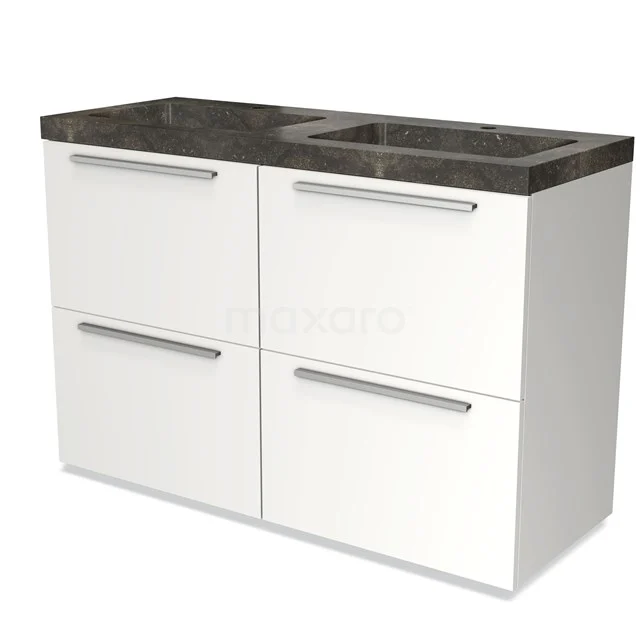 Wit badkamermeubel met zwarte marmeren wastafel, vier lades en moderne handgrepen, perfect voor een stijlvolle badkamerinrichting.