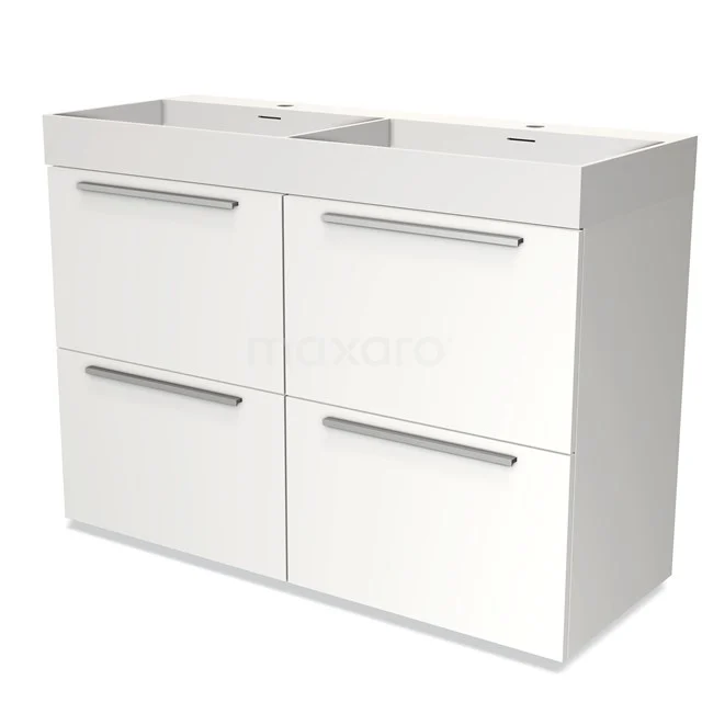 Witte badkamermeubel met dubbele wastafel, vier lades en strakke aluminium handgrepen; ideaal voor moderne badkamers.