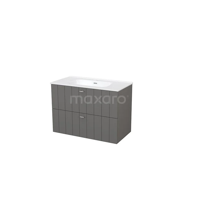 Modulo+ Vanity units with basin | 90 cm Basalt Slat front Ceramic 2 Stacked drawers BMP004483 Grey bathroom unit with integrated vanity units with basin, two drawers with wood structure and sleek finish for modern bathrooms.