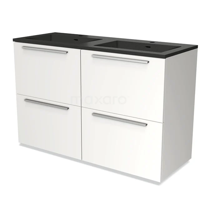 White Bathroom unit with double basin in black metal, sleek metal handles, modern design, ideal for spacious bathrooms.