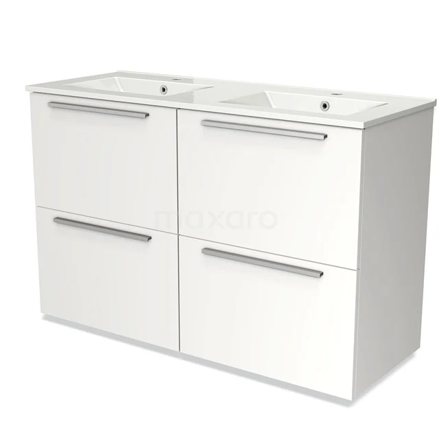 White vanity units with double basin, four drawers and chrome handles, modern design, suitable for any bathroom style.
