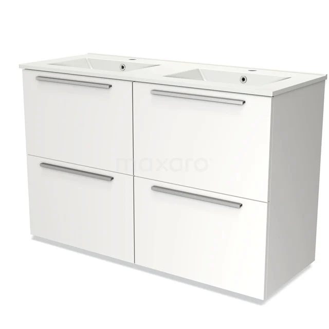 Weißes Doppel-Badmöbel mit vier Schubladen, metallischen Griffen und keramischem Waschbecken, modernes Design für ein stilvolles Badezimmer.