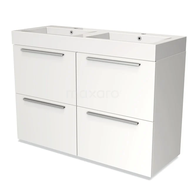 Weißes Badezimmermöbel mit Doppelwaschbecken, vier Schubladen und schlichten Metallhaltegriffen, perfekt für moderne Bäder.