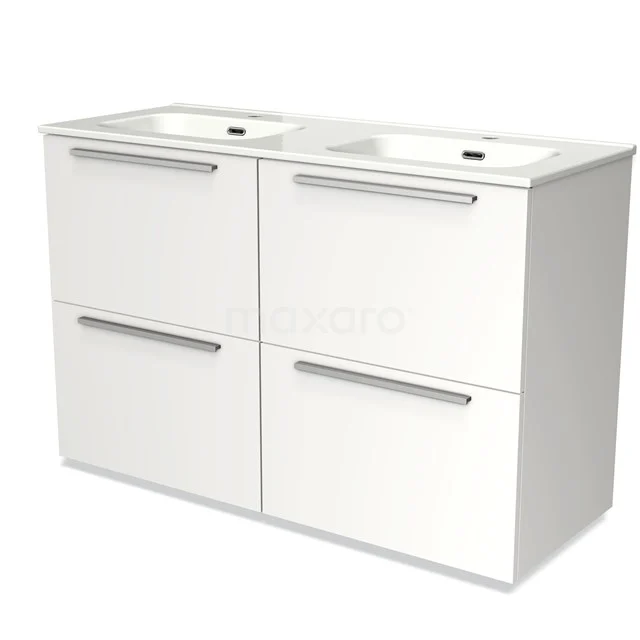 Wit dubbel wastafelmeubel met vier lades, moderne uitstraling, ideaal voor badkameropslag, gemaakt van duurzame materialen.