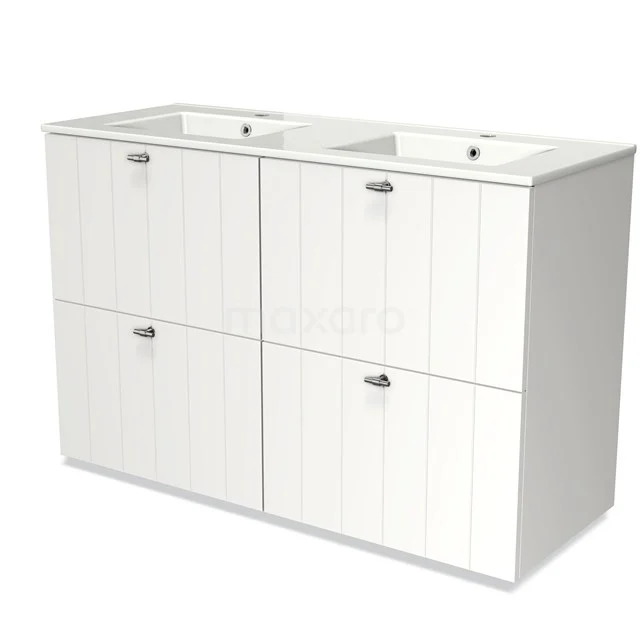 Modulo Bathroom furniture with sink | 120 cm Matte white Slat front Ceramic 4 high drawers BMW14-00141 White Bathroom unit with double basin, four storage compartments and vertical groove details, ideal for a stylish bathroom.
