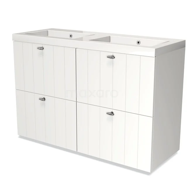 Modulo Waschtische | 120 cm Matt Weiß Lamelle front Mineralguss 4 hohe Schubladen BMW14-00142 Weißes Doppelwaschbeckenmöbel mit vier vertikalen Paneeltüren, ideal für zusätzlichen Stauraum im Badezimmer.