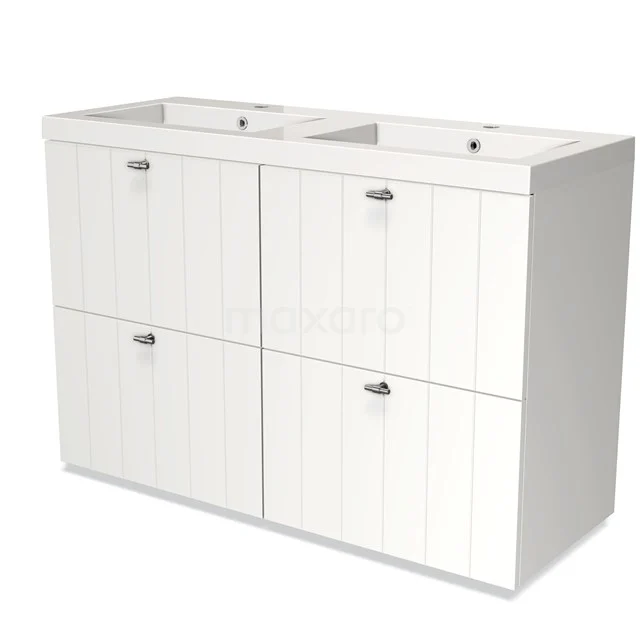 Doppelte weiße Badmöbelset mit vier Schranktüren, Holzoptik-Finish und integriertem Waschbecken, ideal für ein modernes Badezimmer.