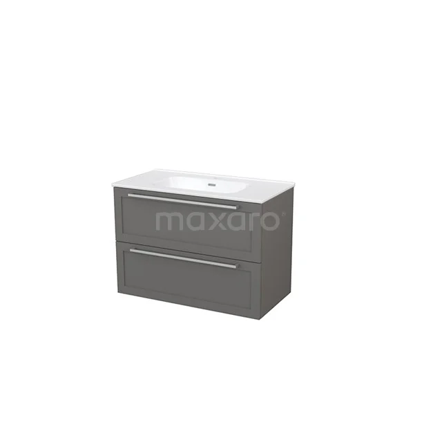 Grey Bathroom vanity unit with two drawers, matte finish, incl. white basin; modern and space-saving design.