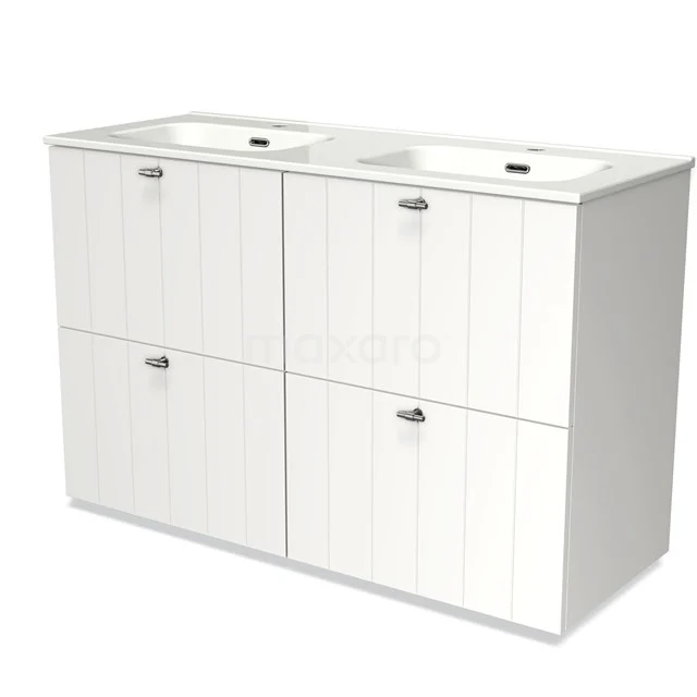 White double vanity unit with panel doors, four storage drawers and modern handles, ideal for stylish bathroom organisation.