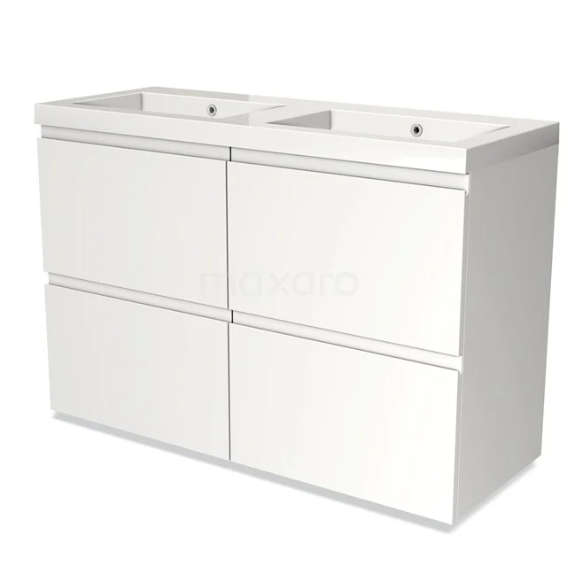 White double bathroom unit with four drawers and two sinks, modern design, ideal for a spacious bathroom.