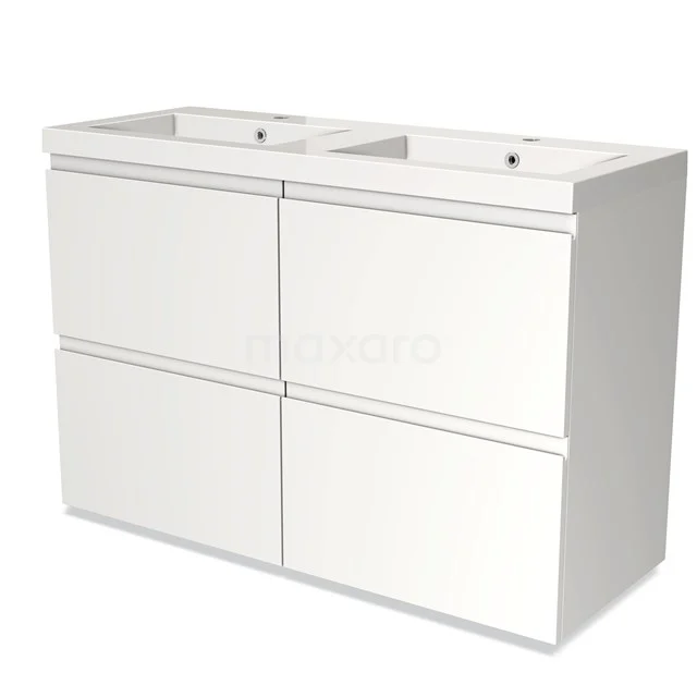 Weißes Badmöbel mit Doppelwaschbecken, grifflosen Schubladen und schickem Design, perfekt für ein modernes Badezimmer.