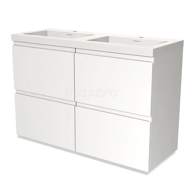 Weiße Doppelwaschbecken mit vier Schubladen, minimalistisches Design, ideal als Badmöbel für moderne und schlichte Bäder.