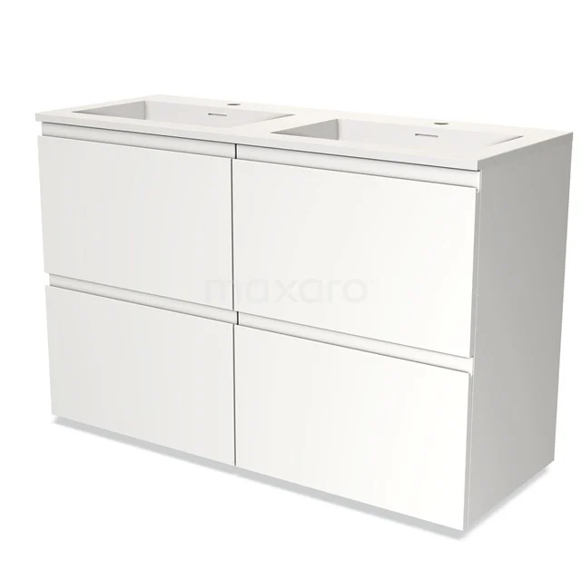 Wit, modern badkamermeubel met dubbele wastafel, vier greeploze lades en strak design, ideaal voor een elegante badkamer.