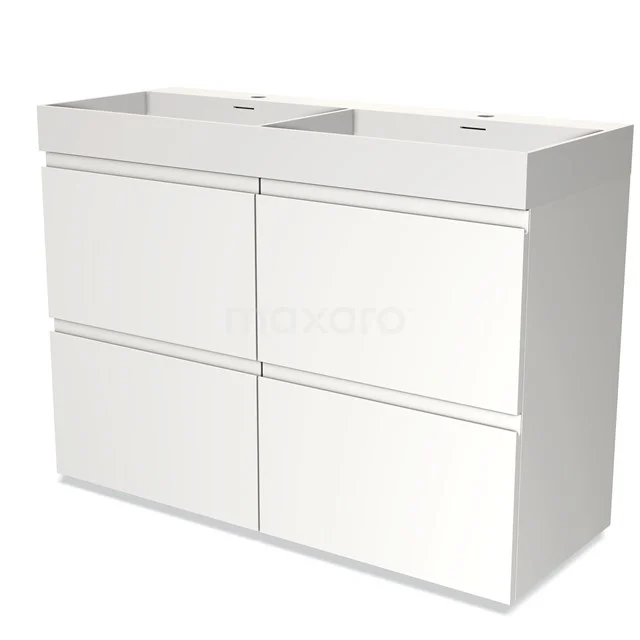 White double basin base cabinet with sleek handleless drawers, ideal storage space for a modern bathroom.
