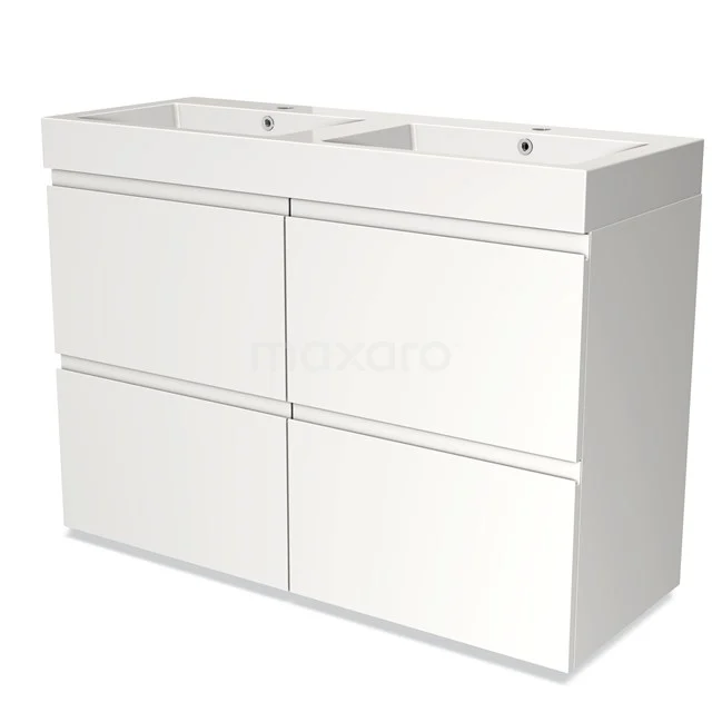 Wit dubbele wastafelmeubel met zachte sluiting, minimalistisch ontwerp, ideaal voor moderne badkamer inrichting.