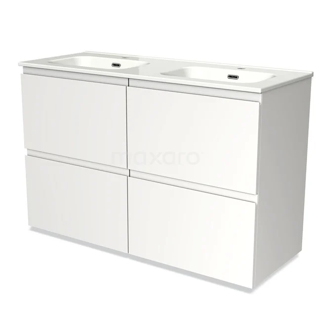 White bathroom unit with double basin, sleek design, four drawers, high-gloss finish, ideal for modern bathrooms.