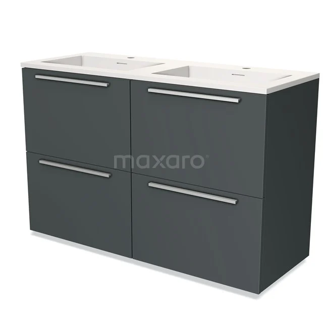 Badmöbel 120cm Modulo Dunkelgrau 4 hohe Schubladen Flaches Solid Surface Waschbecken BMW14-00174 Dunkelgrauer Badschrank mit Doppelwaschbecken, modernes Aussehen, vier Schubladen mit Metallgriffen, ideal für Badezimmerlagerung.
